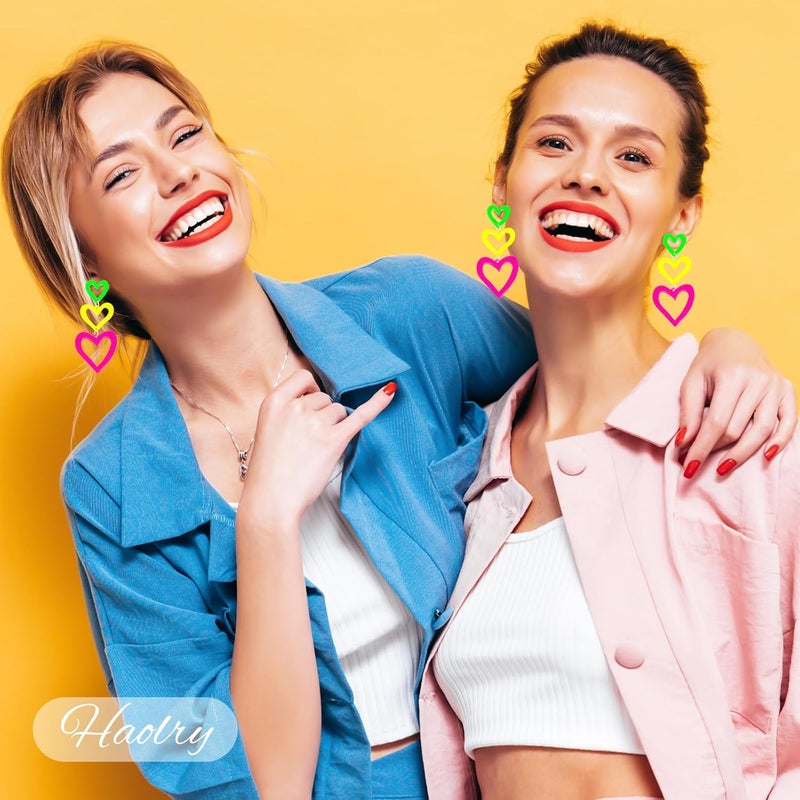 HOLYRY Neon Heart Earrings for Women Acrylic Neon Earrings 80s 90s Outfit for Women Glow Party Accessories Gifts Hot Pink Orange Green Yellow - Image 3